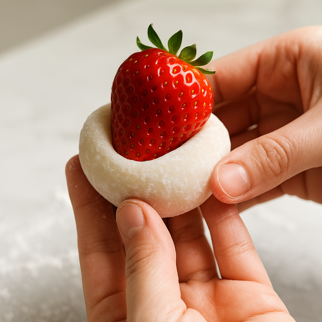 closeup strawberry mochi